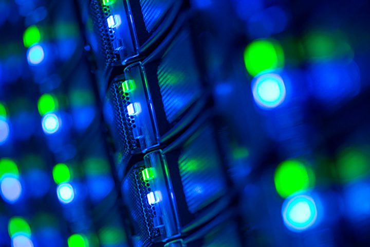 Blue and green lights arranged in columns on a computer system